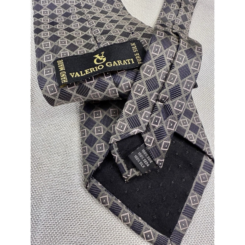 VALERIO GARATI Tie 100% Silk Hand Made Geometric Black Gray Necktie